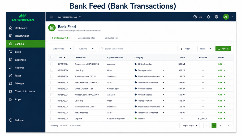 QuickBooks Online bank transactions feed showing expenses ready for review and categorization