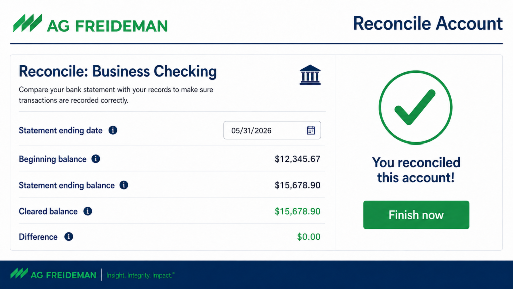 QuickBooks Online bank reconciliation example showing a zero dollar difference