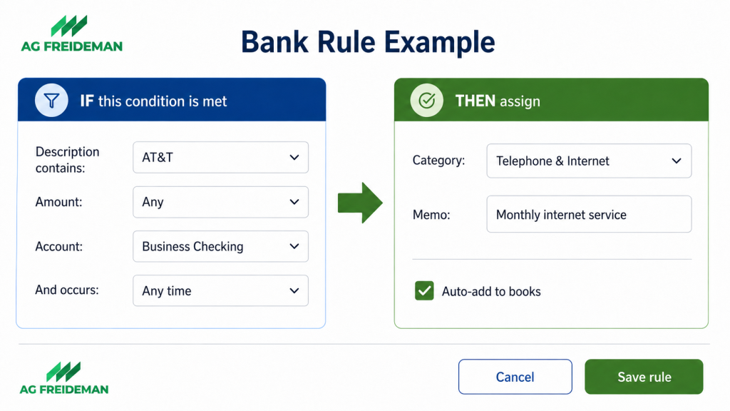 Example of creating a bank rule in QuickBooks Online to automatically categorize recurring expenses