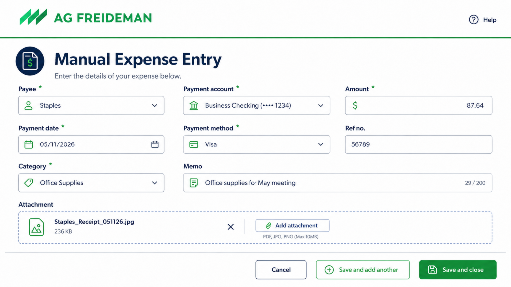 QuickBooks Online expense entry screen with payee, category, amount and receipt attachment