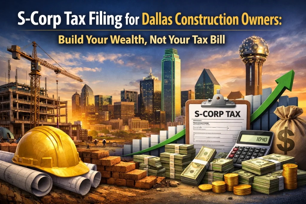 Dallas construction worker reviewing S-Corp tax documents with calculator and blueprints on desk