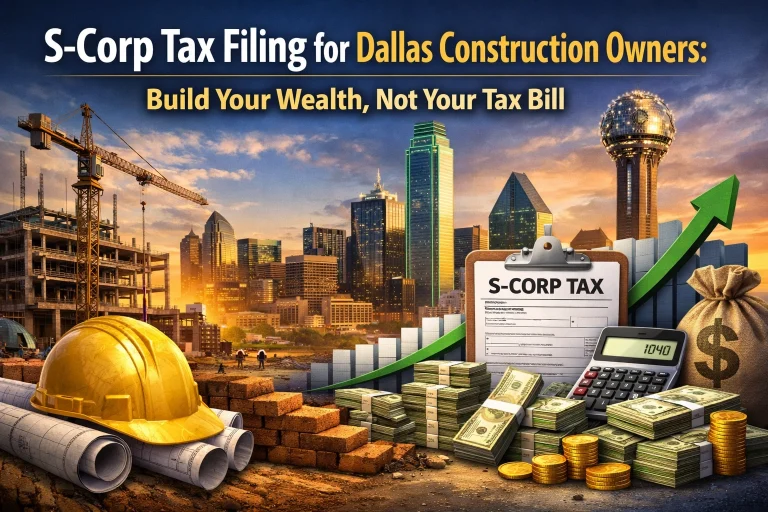 Dallas construction worker reviewing S-Corp tax documents with calculator and blueprints on desk