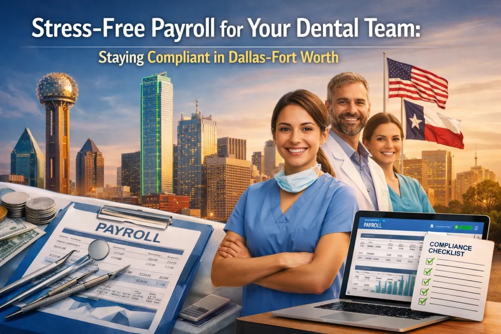 Dallas dental office team reviewing payroll documents with calculator and computer for compliance management