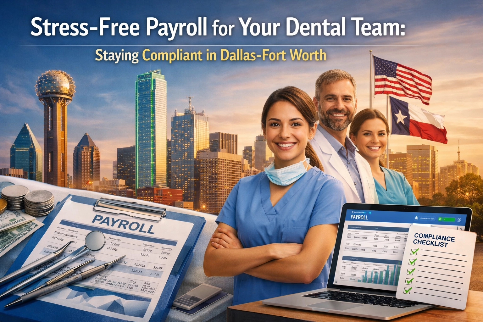 Dallas dental office team reviewing payroll documents with calculator and computer for compliance management