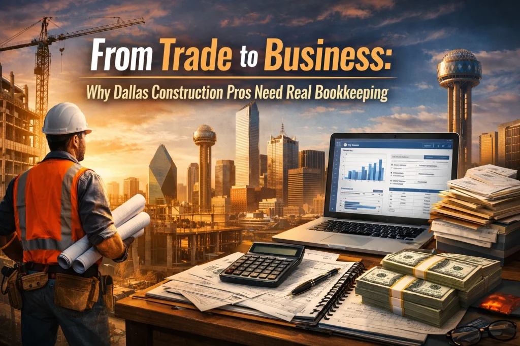 Dallas construction business owner reviewing bookkeeping records and invoices at a job site office desk