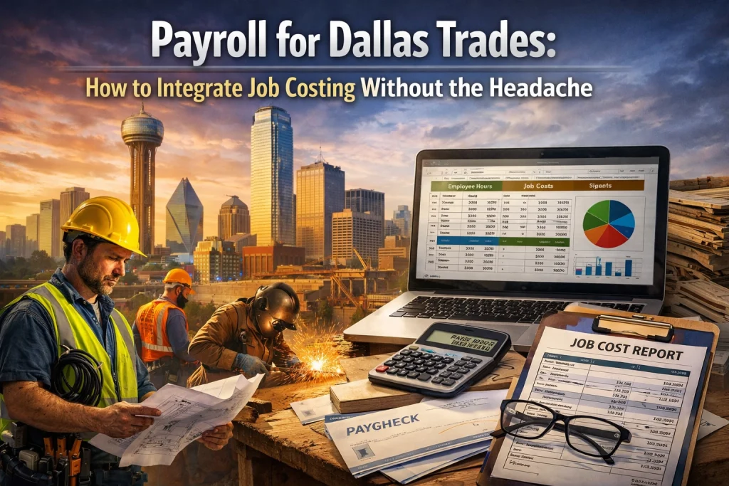 Dallas trades contractor reviewing job costing and payroll reports on a laptop at a construction site office