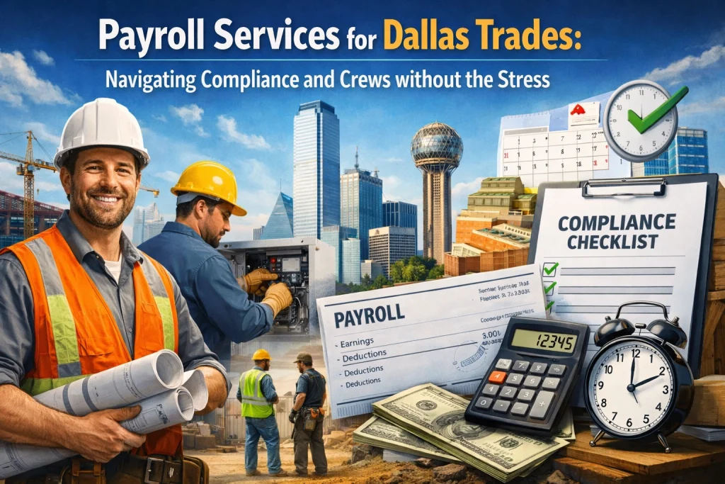 Construction crew reviewing payroll documents on a Dallas job site with tools and equipment nearby