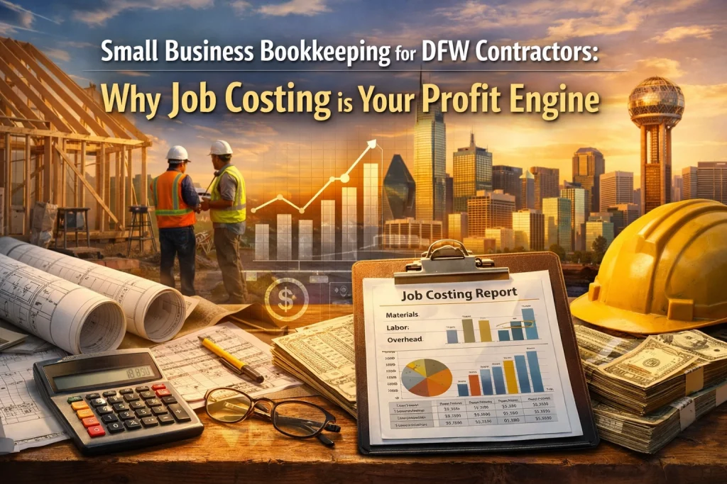 Dallas contractor reviewing job costing reports for small business bookkeeping with project bids on desk