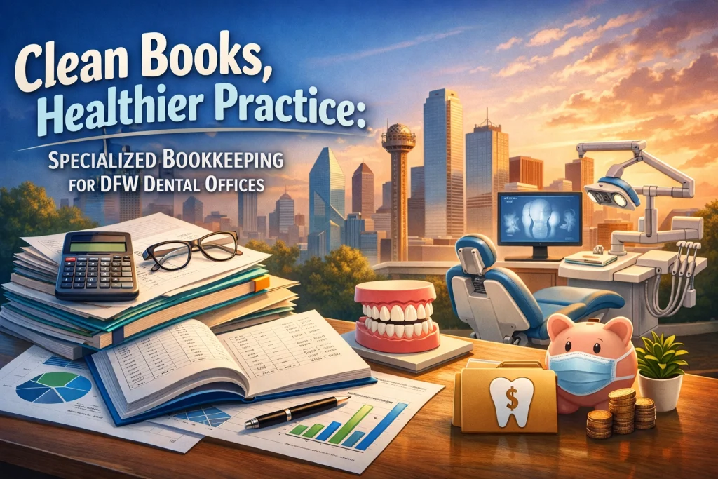 Professional accountant reviewing dental practice financial records and bookkeeping documents in DFW office setting