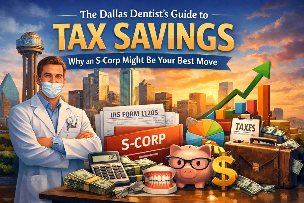 Dallas dentist reviewing S-Corp tax documents with calculator and financial paperwork on desk